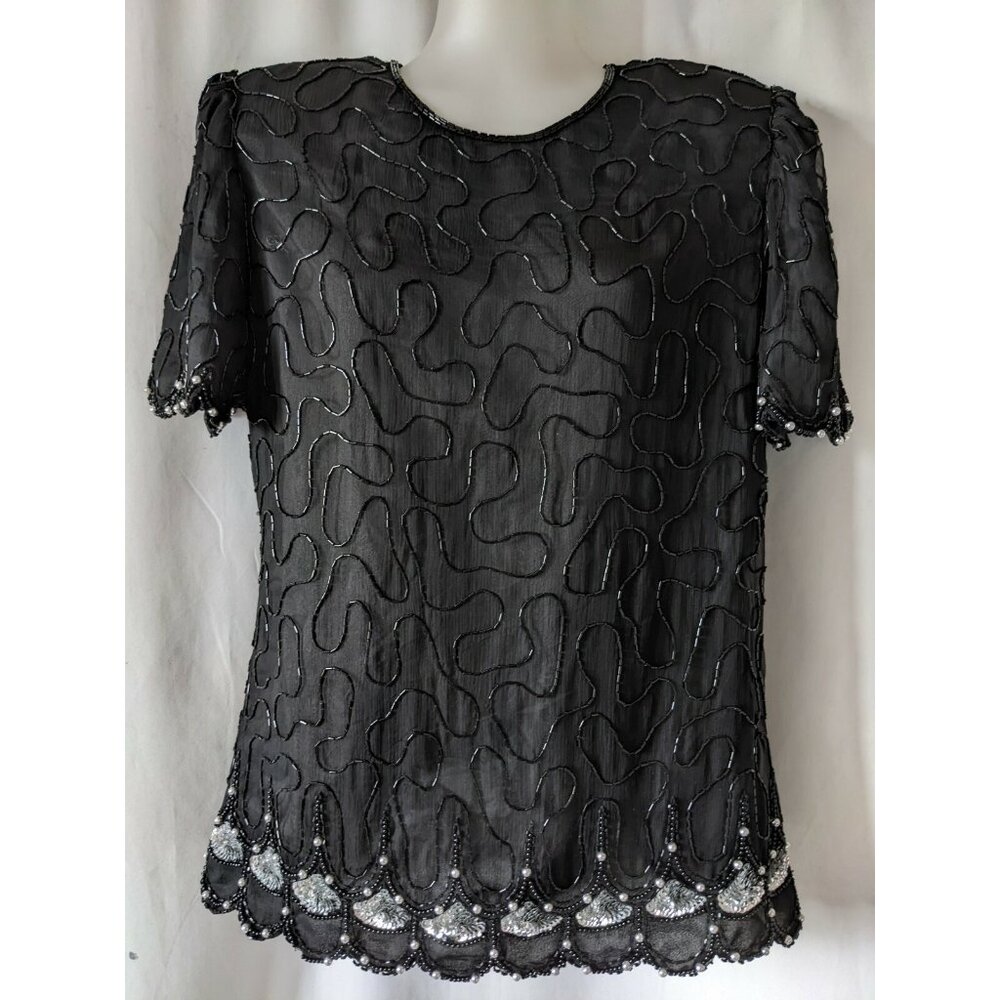 Laurence Kazar Designer Women Silk Blouse Top Black Sequins Beads Vintage Size S